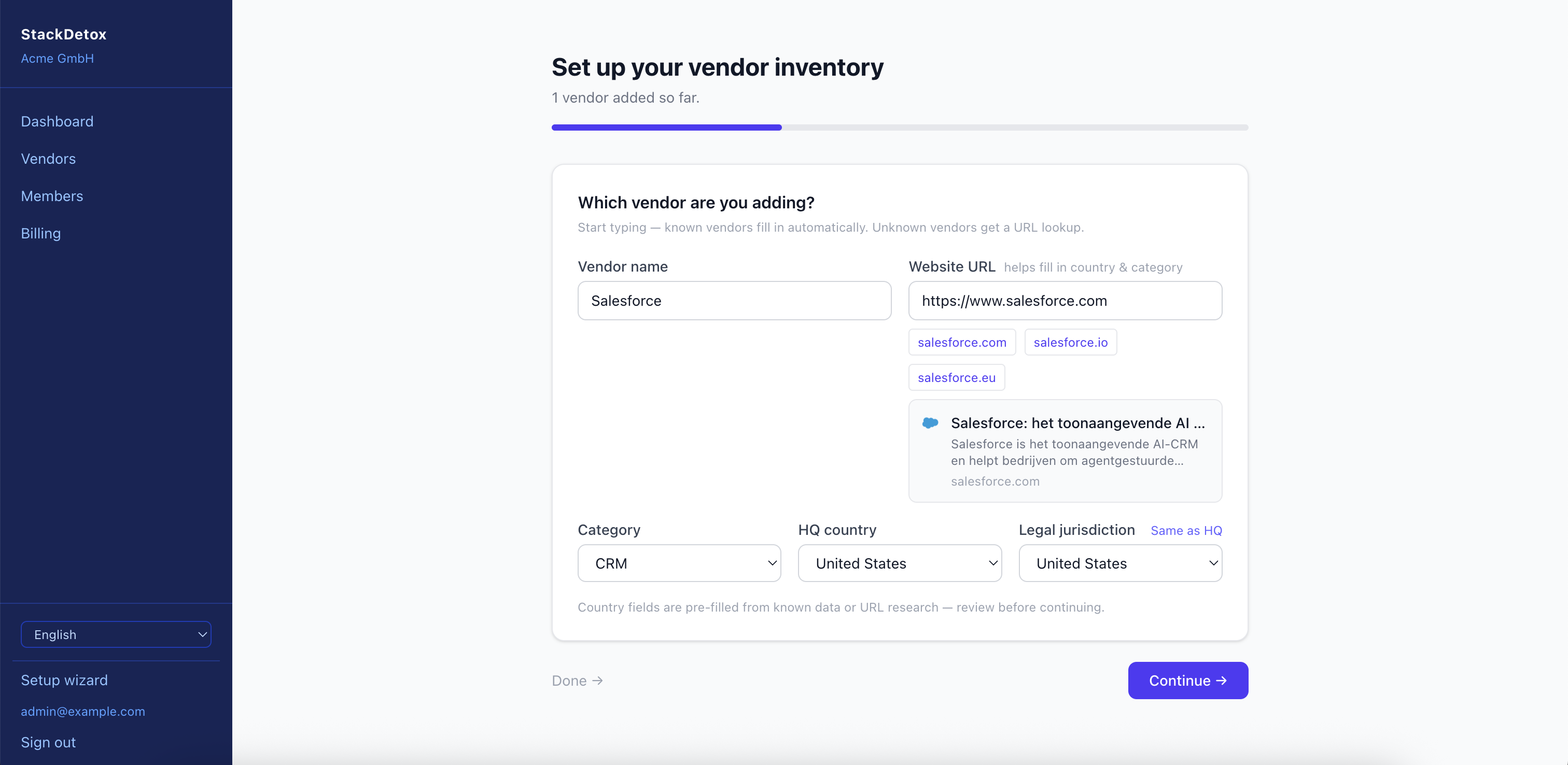 Adding a vendor in StackDetox — catalog matching auto-fills country and category
